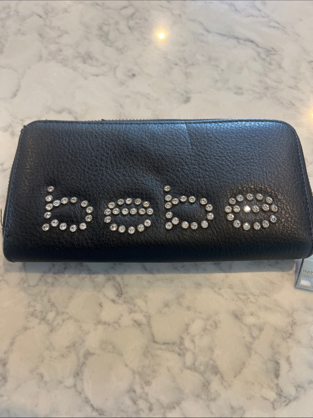 bebe Black Crystal Logo Zip Wallet